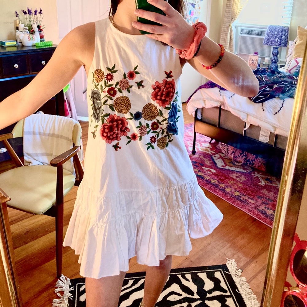ZARA Floral Embroidered Ruffle Shift Dress